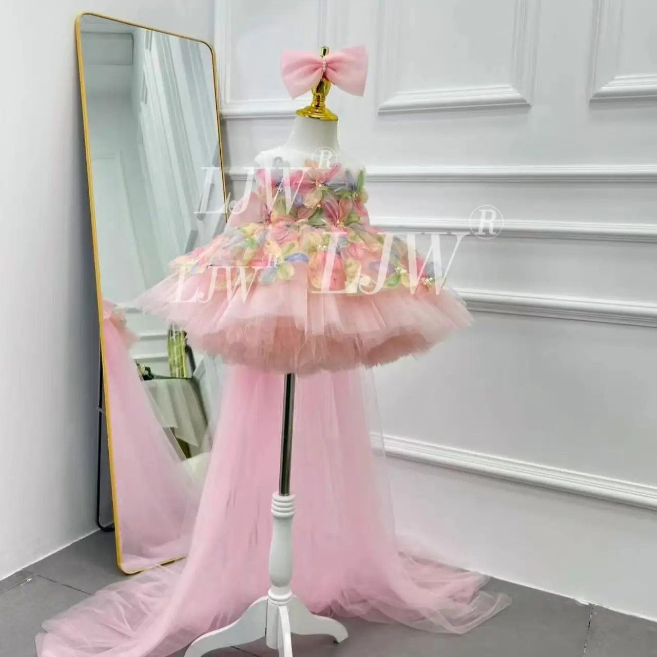 Elegant Mint Green 3D Floral  Long Tail Flower Girl Dress Baby 1st  Birthday Party Wedding Pageant Outfit Host's Piano Performan - view 6