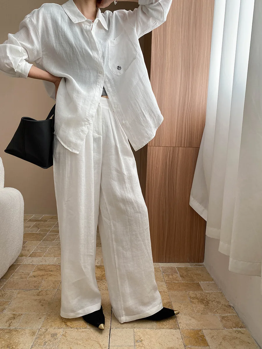 Spring and Autumn Women\'s Casual Solid Color High Waist Loose Wide Leg Pants
