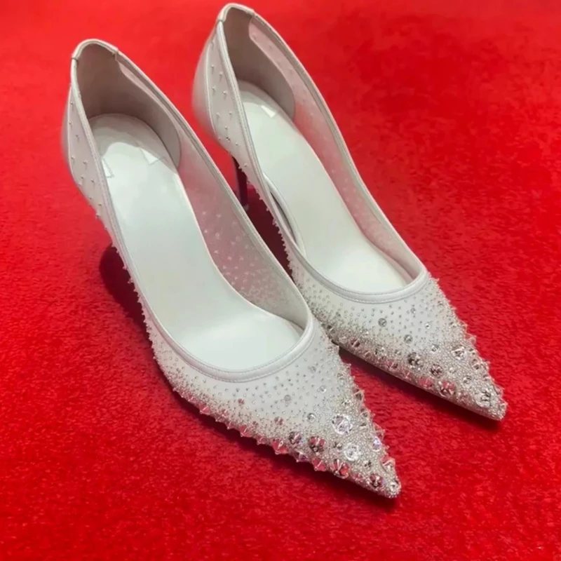

Лето 2023, женские белые свадебные туфли на шпильке с кристаллами и сеткой, блестящие сандалии со звездами и острым носком