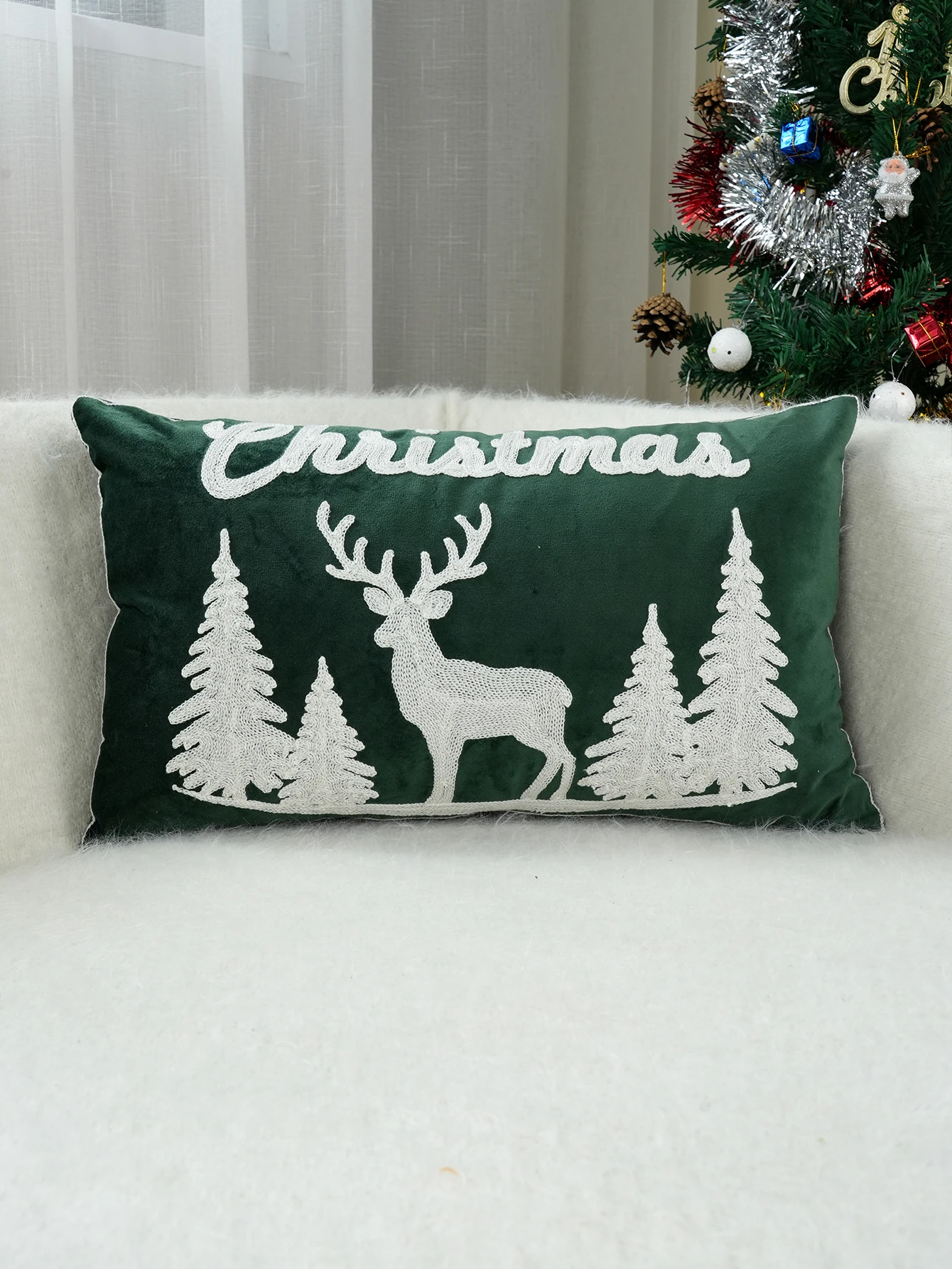 1pc Green Dutch Velvet Christmas Elk Exquisite Embroidery Cushion Pillow Case, Multi-Size Multi-Room Universal