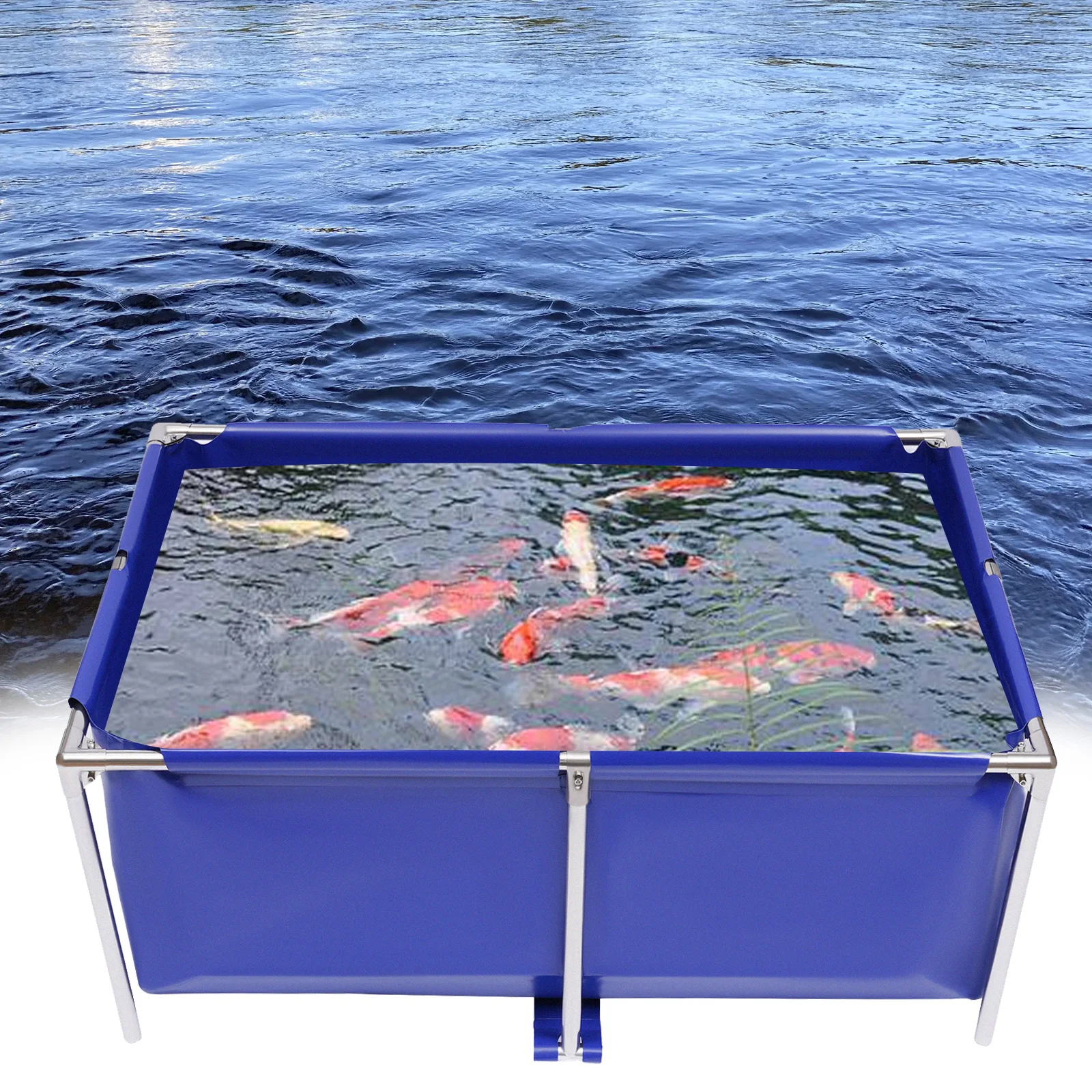 Foldable Canvas Fish Pond 120x80x50cm, Outdoor Aquarium Koi Breeding Tank with Drain Valve, Stainless Steel Frame Pool for Fish 2