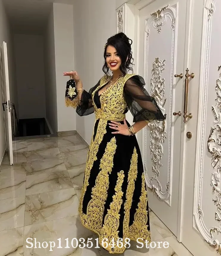 Custom Black Algerian Caracou Dress Gold Lace Appliqué Long-Sleeve Evening Gown Traditional Style Ball Gown Wedding Party Dress