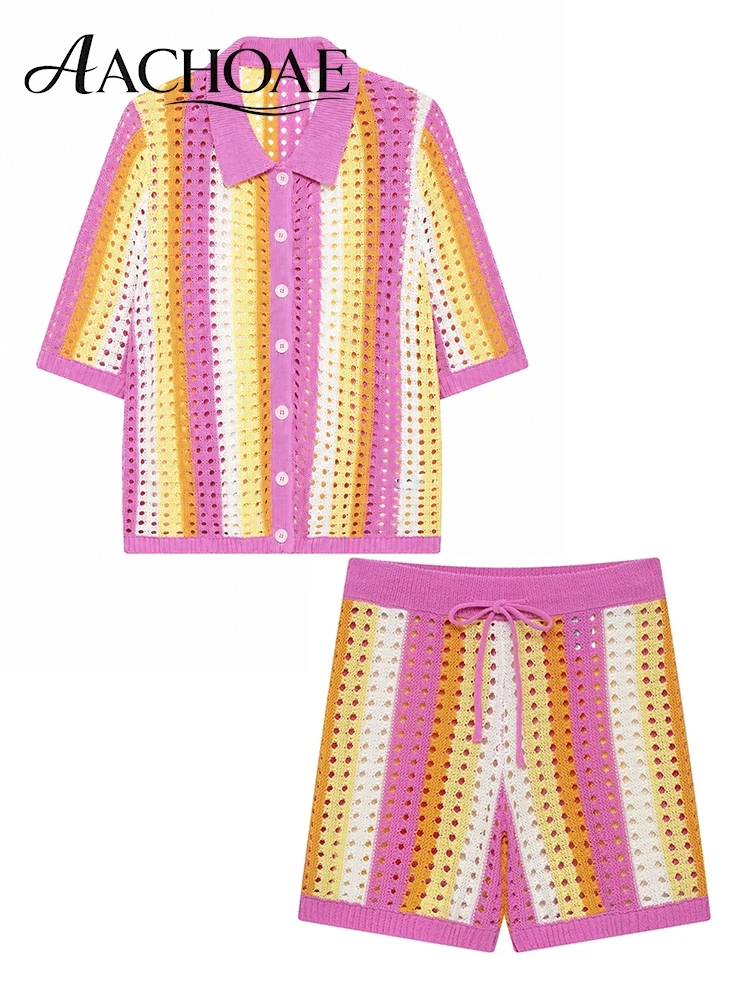 AACHOAE Women Crochet Knit 2 Piece Shorts Set Striped Hollow Out Shirt Shorts Matching Set Summer Beach Vacation Outfit