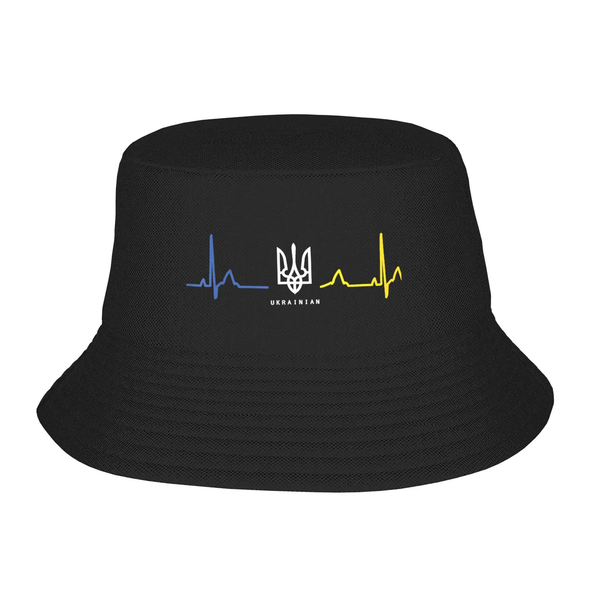 Ukrainian Tryzub Ukraine Flag Trident Heartbeat Bucket Hat  Hawaii Fisherman Caps For Men Women Vacation Sun Hats Soft Fold Cap