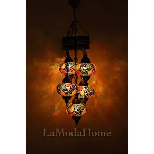 LaModaHome 40 + Unique Colors, 2020 Customizable Chandelier 5 Globes + Free 5 Bulbs, stunning Mosaic Turkish Lamp Moroccan Light