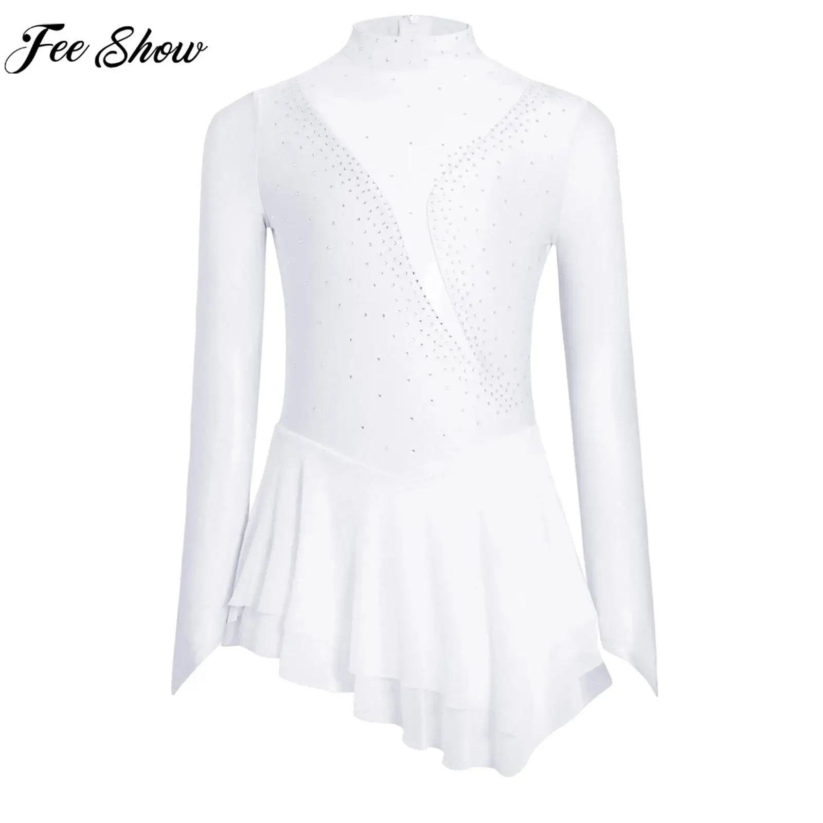 Child Girls Figure Skating Dress Modern Lyrical Dance Ballet Gymnastics Clothes Long Sleeve Rhinestone Sheer Mesh Leotard Tutu