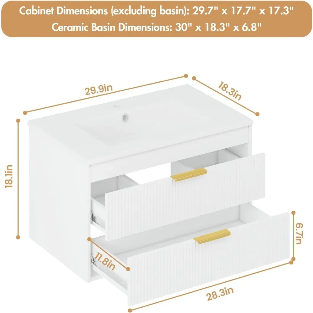 Mobile da bagno da 30" con lavabo in ceramica, mobile da parete galleggiante, 2 grandi cassetti portaoggetti, con luce LED con sensore