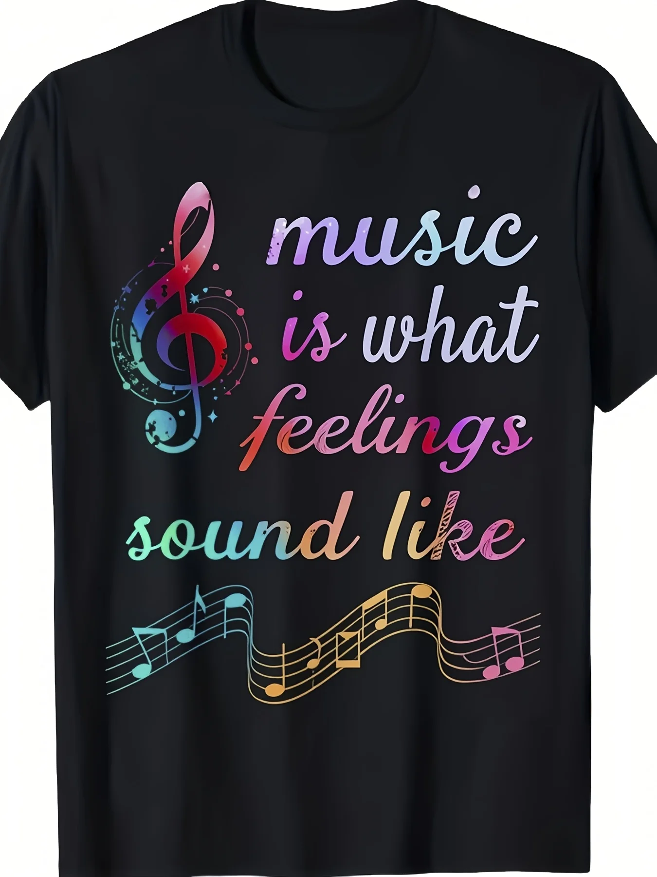 Men's Unisex Music Note Lyric Graphic T-Shirt Music Is What Feelings Sound Like Print Heavyweight Soft Crewneck Short Sleeve Multicolor Music Notes on Black Unisex Casual Street Retro Casual Crew Neck Printed T-Shirt