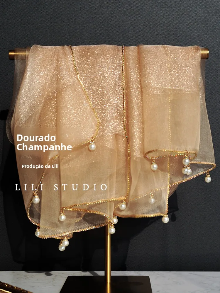 Echarpe-en-tulle-rigide-ornee-de-perles-dorees-champagne-chaine-de-diamants-etincelante-vetement-d'exterieur-tendance-robe-de-soiree-feerique-et-magnifique-a