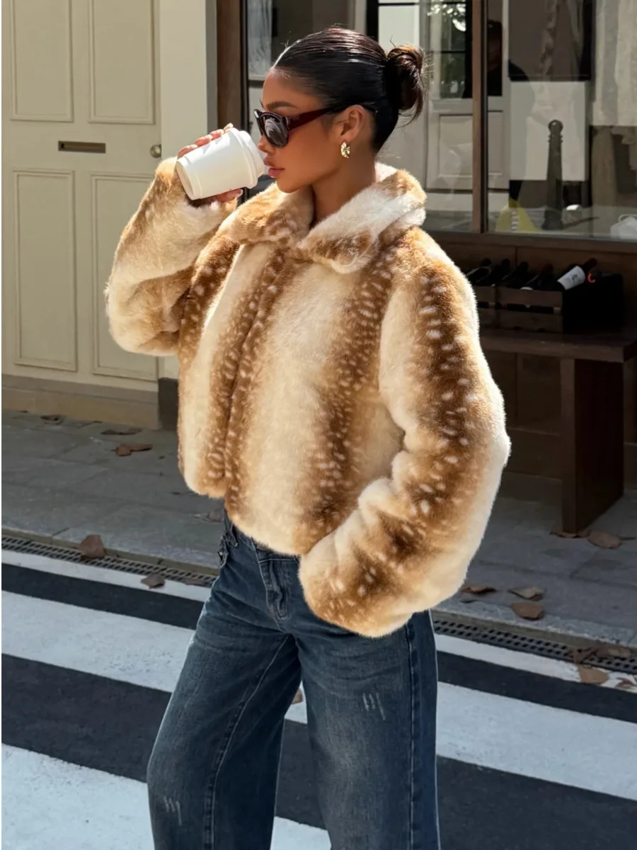 Laur 2026 New Women Lapel Collar Cropped Faux Fur Jacket Open Front Long Sleeve Deer Spot Print Fluffy Winter Street Coat