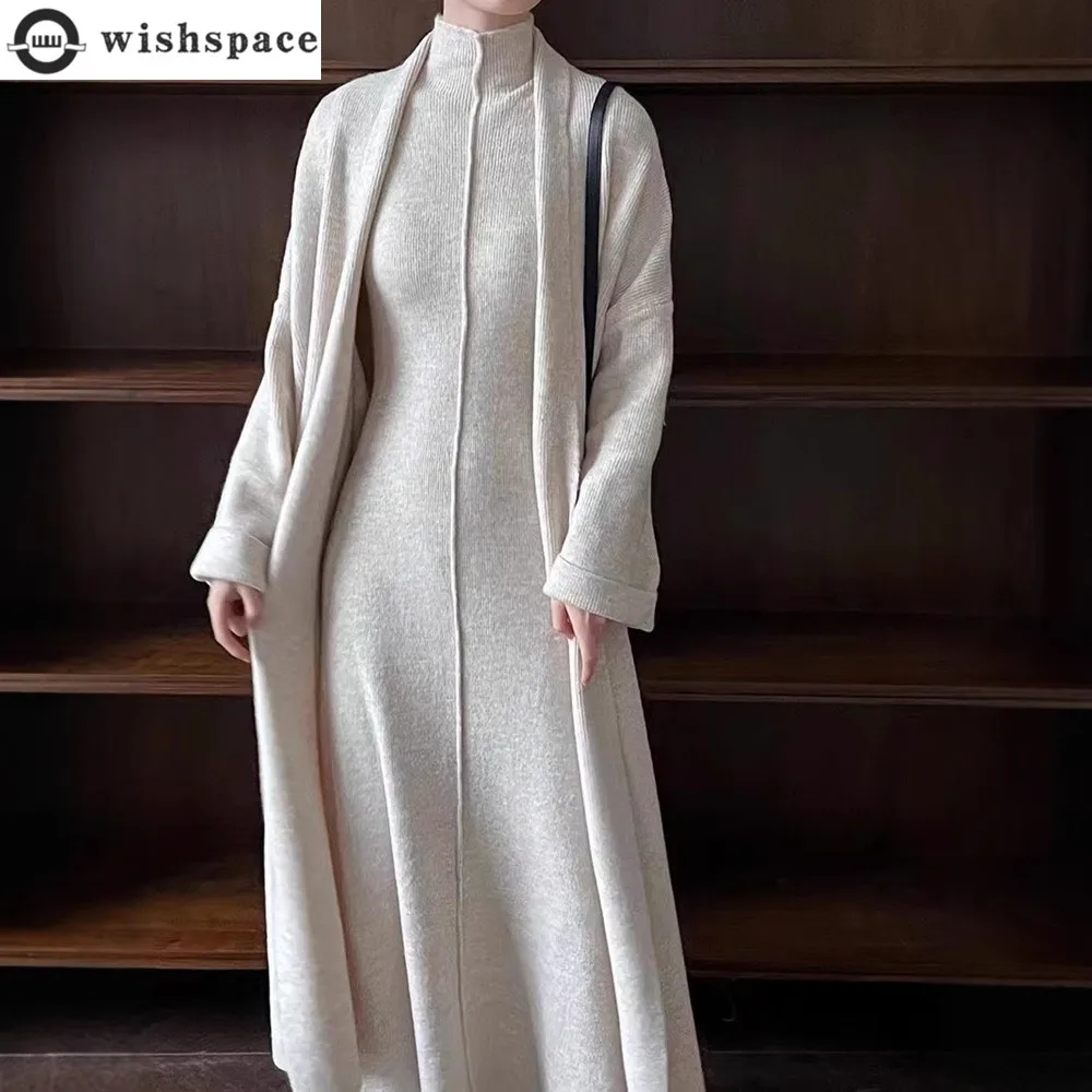 

Fashion Knitted Cardigan High Collar Vest Dress Women's Two Piece Set Autumn/Winter Long Sweater Casual Set