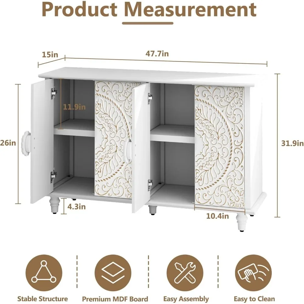 Decorative Sideboard Buffet Cabinet With 4 Doors, White Accent Storage Cabinet With Carved Flower Pattern, Wood Credenza Cabinet