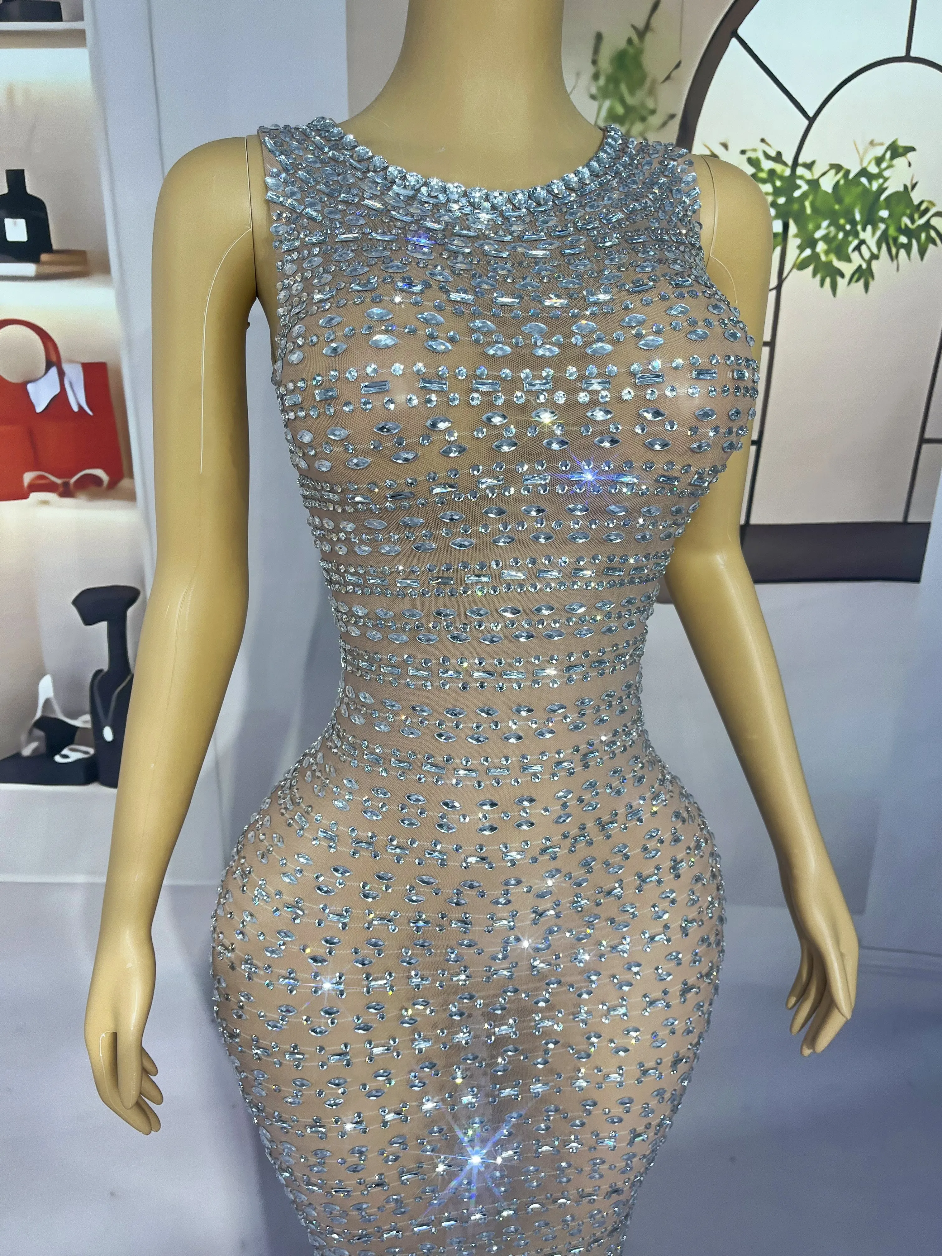 Elegant Twinkling Rinestones Sexy Nude Mesh Trim fiit Dress Women Evening Party Gown Show Red carpet Fashion Outfit Gangsiqiu