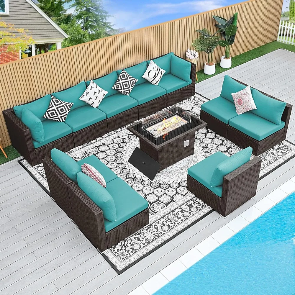 High Back Brown PE Rattan Outdoor Patio Furniture Set with Propane Fire Pit Table, Large Wicker Outside Sectional Furniture