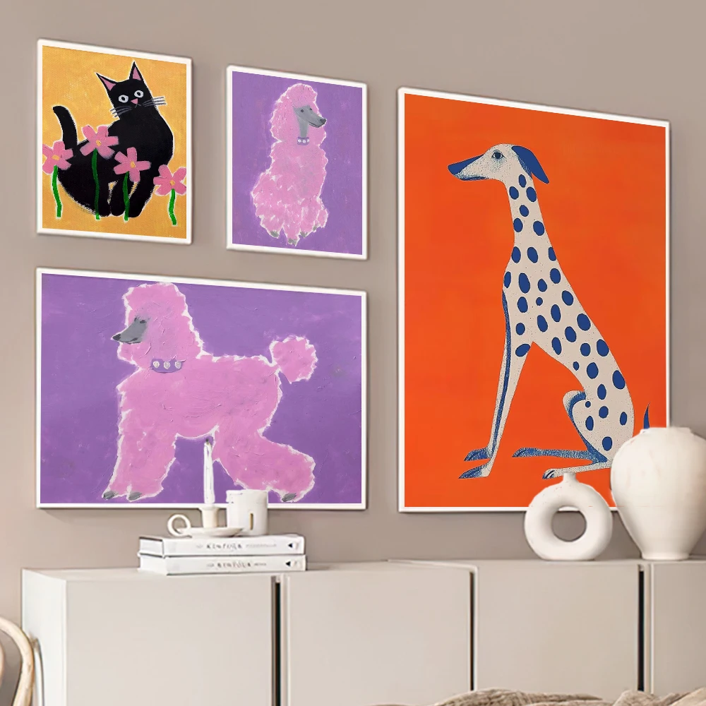 1pc frameless Canvas Painting Pink Poodle Fancy Cat Dog Art Print Painting Contemporary Abstract Posters Nursery Kids Children’s