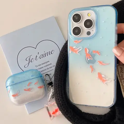 클리어 블루 그라디언트 잉어 물고기 광택 휴대 전화 보호 케이스 iPhone 12 13 14 15 Pro Max Coque For iPhone 16 Pro Max Cover