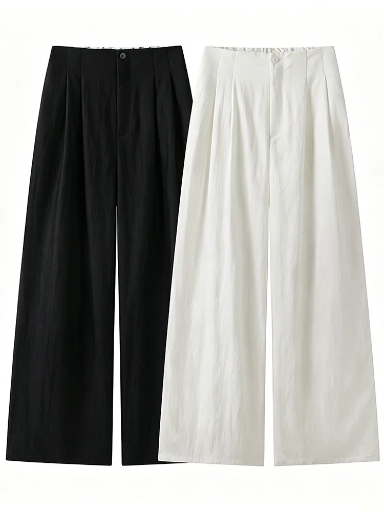 Authentic Early Autumn Casual High Waist Draped Pleated Straight Leg Pants Long Trousers Pure Color Comfortable Breathable