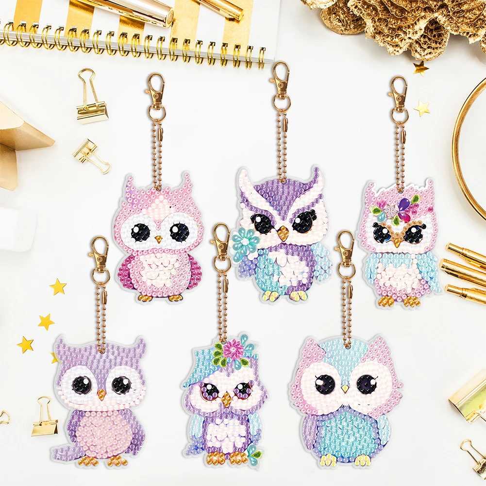 6 PCS Diamond Painting Keychain Owl Double Sided Diamond Painting Art Keychain Pendant for Birthday Crafting Home Party Decor