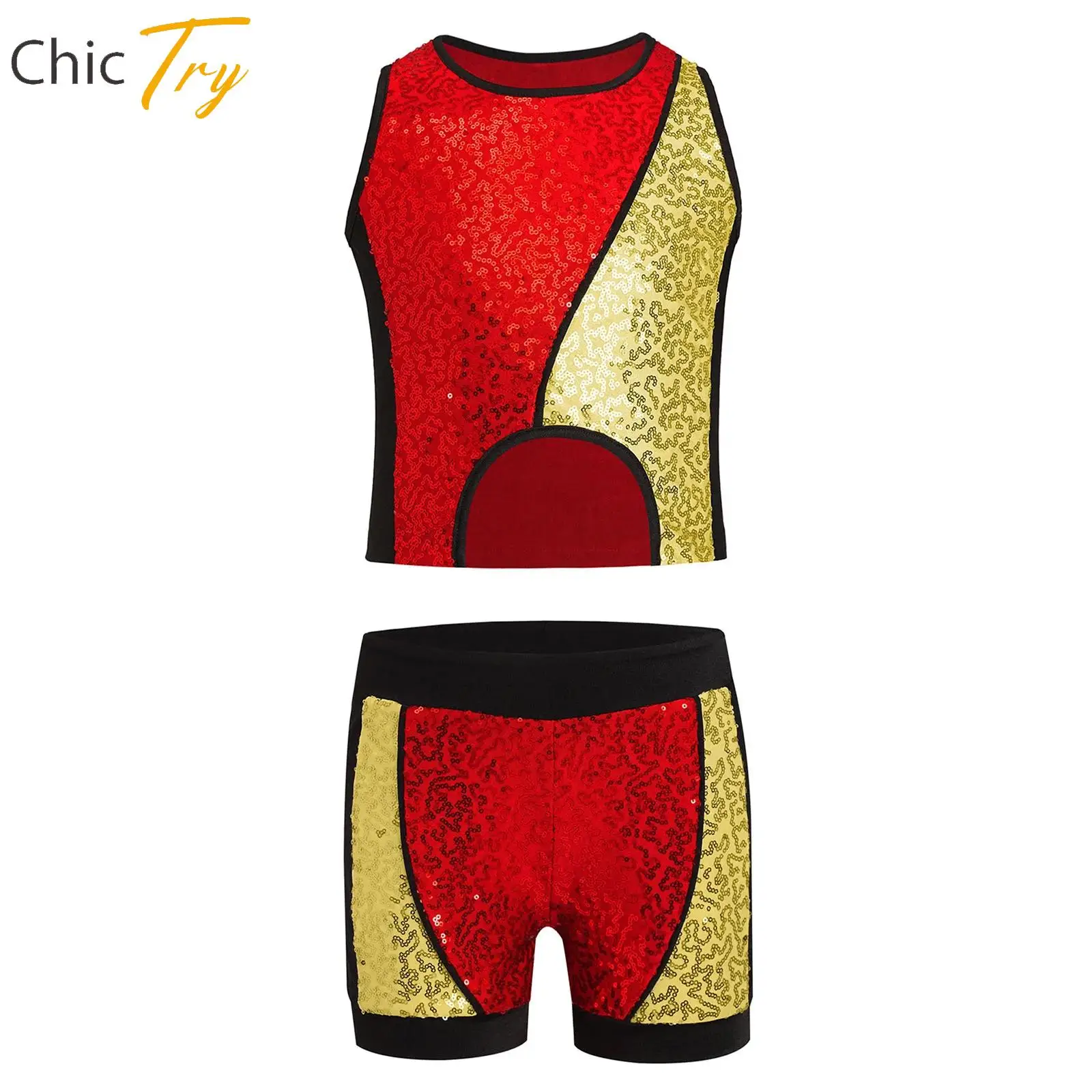 

Girls Sequin Jazz Street Dance Outfit Costume Asymmetrical Hem Vest with Shorts School Basketball Cheerleading Dancing Costumes