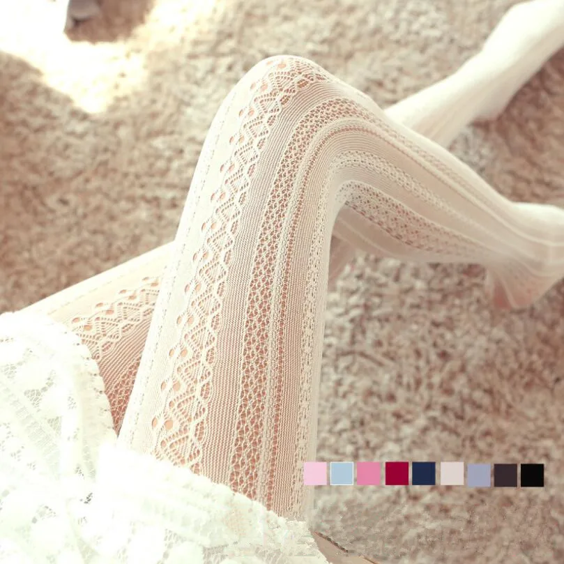 Helisopus Sexy Lace Knitted Cotton Tights Women Girls Autumn Winter Hollow Out Striped Stockings Female Solid Lolita Pantyhose