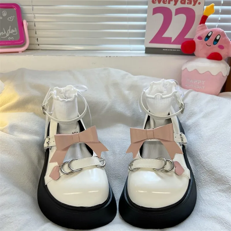 Cute Thick Mid Heel 4cm Platform Wedge Loli Shoes Women Summer New College Lolita Jk Uniform Pu Kawaii Bow Heart Shoe