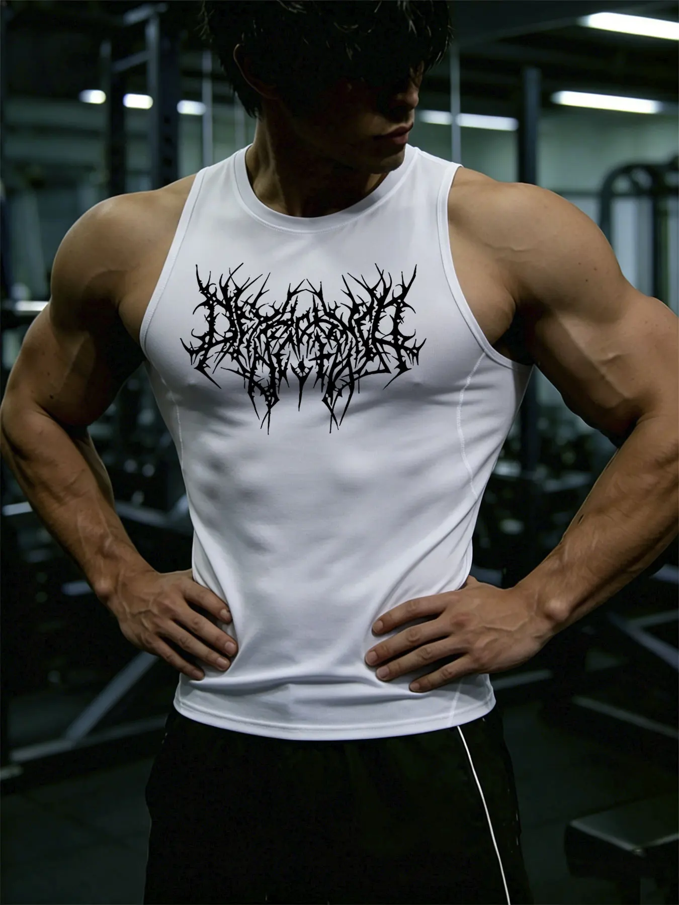 Men Y2K Gothic Print Compression Tank Top Quick Dry Sleeveless Vest Gym Bodybuilding Workout Fitness Muscle Sports Tops