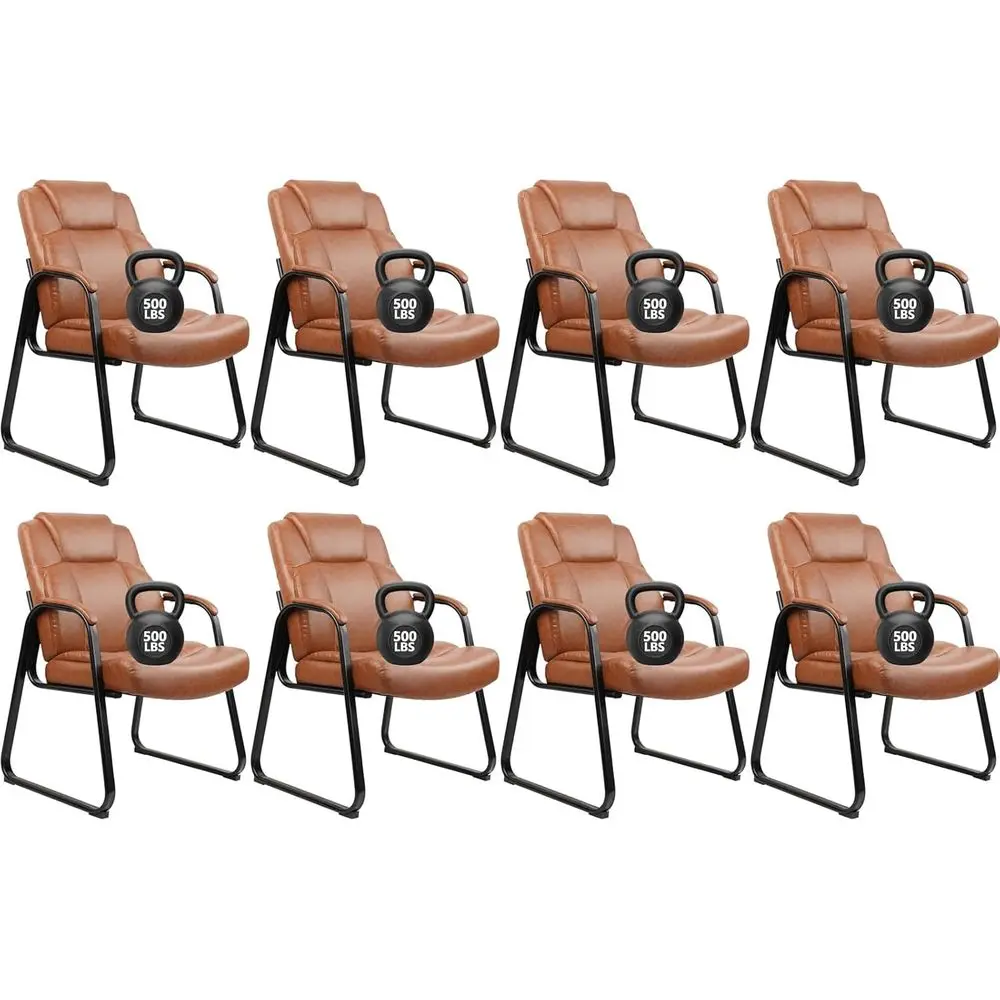 

Big and Tall 500 lbs Capacity PU Leather Office Chairs, Sled Base, No Wheels, Brown, Set of 8 for Waiting Rooms and Conference A