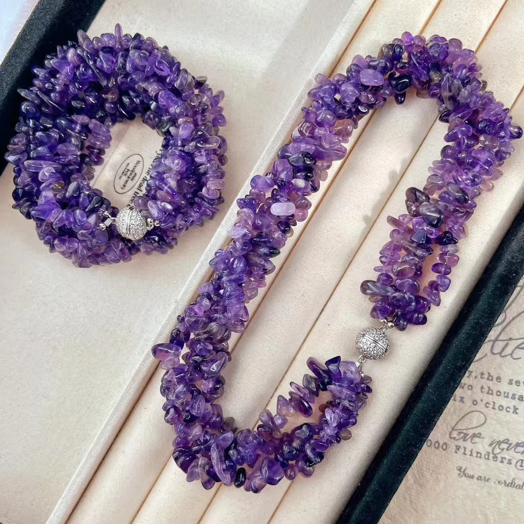 

New retro high-quality natural amethyst multi-layer winding necklace evening chain collarbone chain