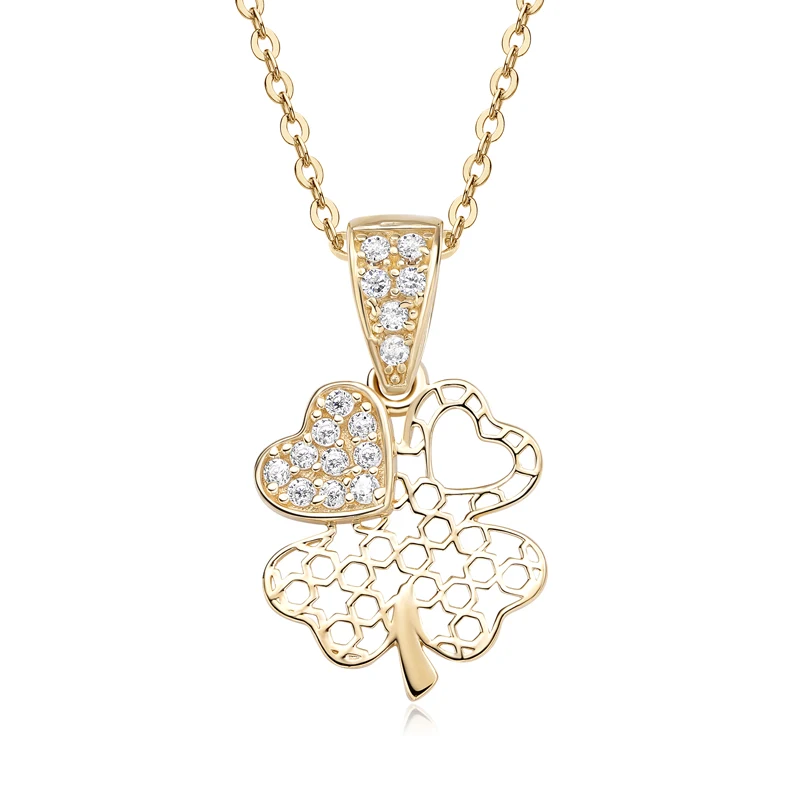 Raprgold 14K Solid Gold Cubic Zirconia Heart Four Leaf Clover Pendant with 925 Silver Link Chain 20'' Heart-shaped Necklace