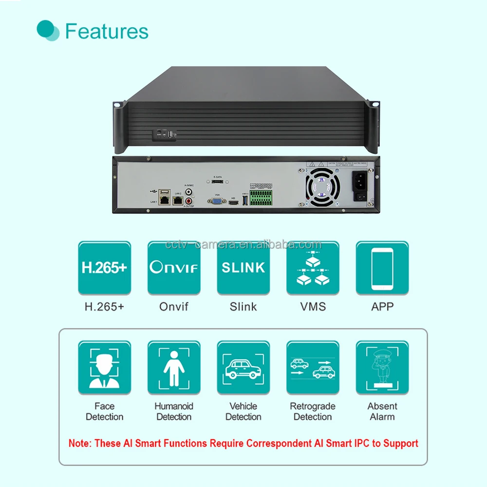 Soporte en rack Linux Sistema integrado P2P H.265+ 8TB HDD 9 Ranura SATA 64CH Sistema CCTV AI 4K 8MP IP 64 canales Alarma Raid NVR