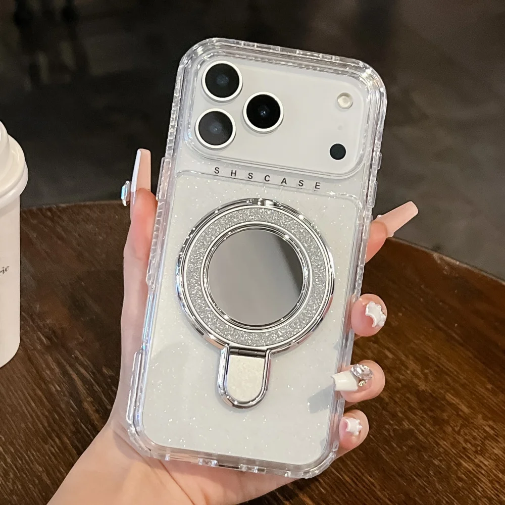 SHS بريق شفاف مرآة المغناطيسي حامل حافظة آيفون 17 برو ماكس 16 15 14 زائد 13 12 11 الثقيلة درع غطاء مقاوم للصدمات