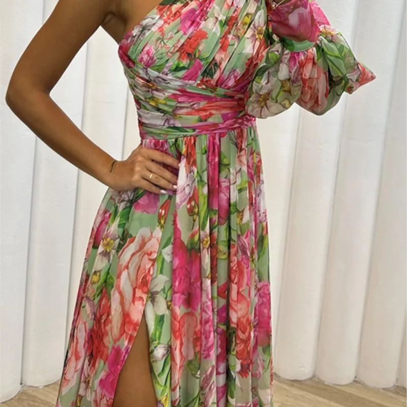Sexy Female Hight Split Loose Hem One Shoulder Print Beach Party Dress Lady Side Split One Sleeve Long Dress Women Evening Dress