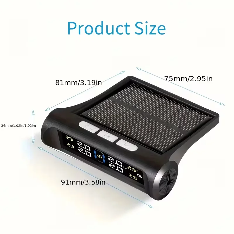 Wireless Solar TPMS Tire Pressure Monitor System with 4 External Tire Valve Cap Sensors, Real Time Bar PSI Temp Display image 5