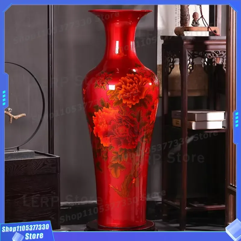 Large Hand Painted Ceramic Floor Vase Red Chinese Floral Design Home Decor Living Room Ornament Traditional Art Piece Red