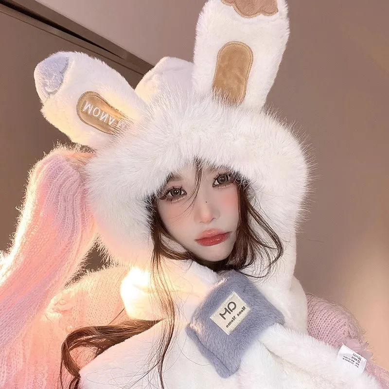 Sleeve Cap Women Rabbit Ears Plush Scarf Warm two-piece Cap Winter Outdoor Ear Protection Windproof Thickened Caps Hot