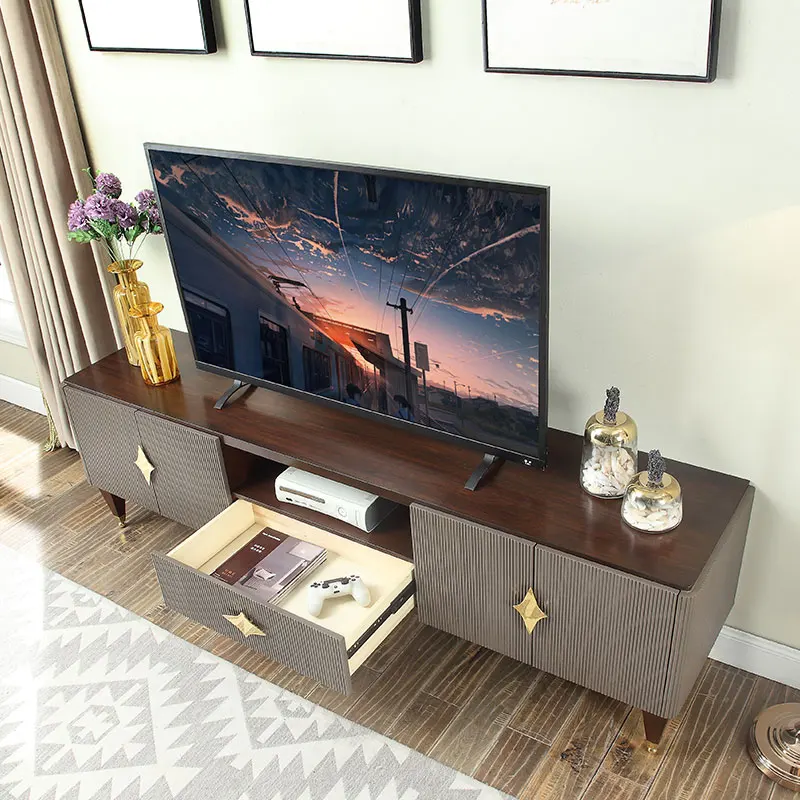 American luxury TV cabinet, post-modern simple living room, tea table, TV cabinet, gray stripe, solid wood floor cabinet