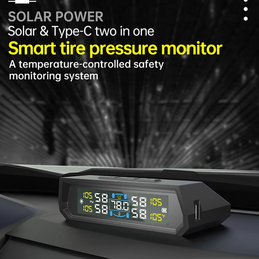 

Solar/USB Powered Tire Pressure Monitoring System LCD Display Wireless TPMS IPX7 Waterproof for RV Sedan SUV Truck