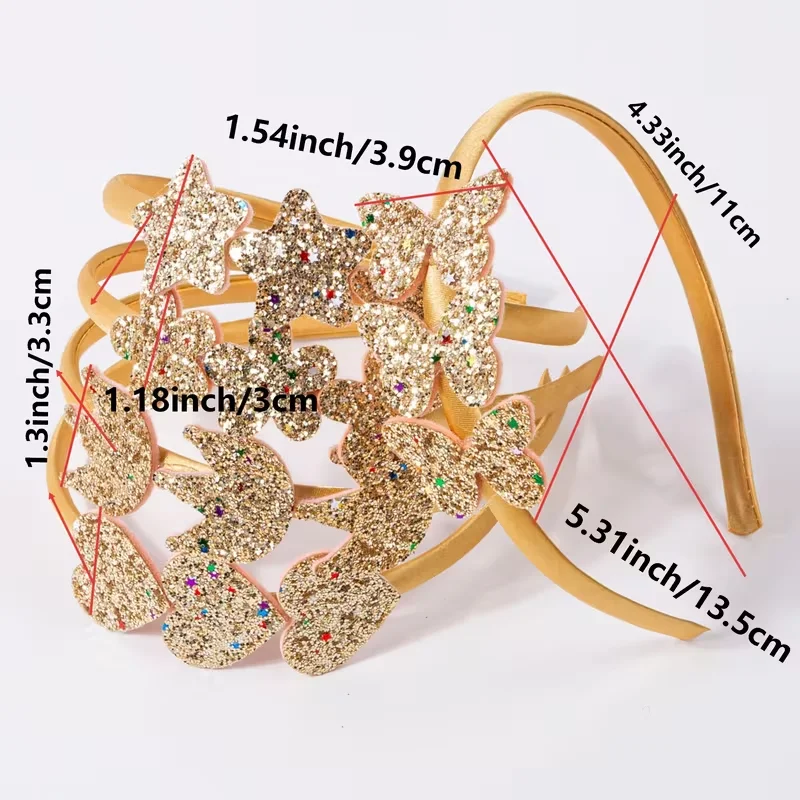 5 pieces, sparkling Heart Star Butterfly headband, girls' golden sequin headband party hair accessory.