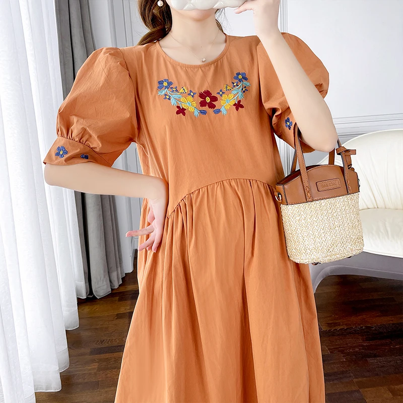 Orange White Pregnant Women's Summer Floral Embroidered Dress Puff Sleeve Maternity Cotton Linen Dress Pregnancy Loose Clothes