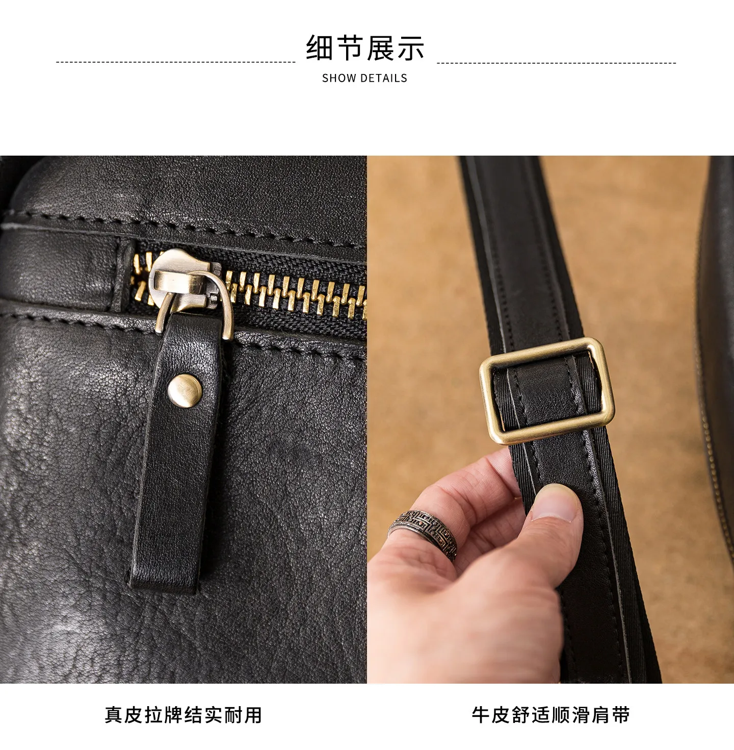 Vintage Luxus handgefertigte Umhängetasche aus erstklassigem Rindsleder für Herren, Arbeits-Umhängetasche, Wochenend- und Reisetasche, Designer-Echtleder-Messenger-Tasche in Schwarz. – Detail 10