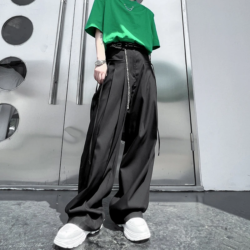 LUZHEN Ribbon Decorate Fold Patchwork Design Solid Color Straight Pants Original Trendy Male Loose High Quality Trousers LZ4281