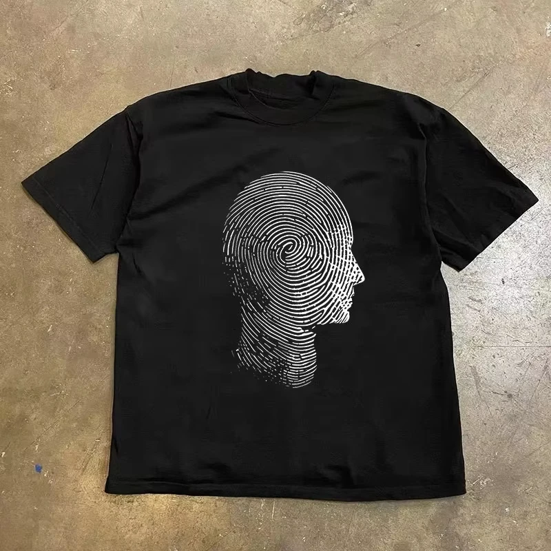 Fingerprint Texture Graphic T-Shirt Abstract Minimal Line Portrait Cotton Oversized Short Sleeve Side Profile Head Tee