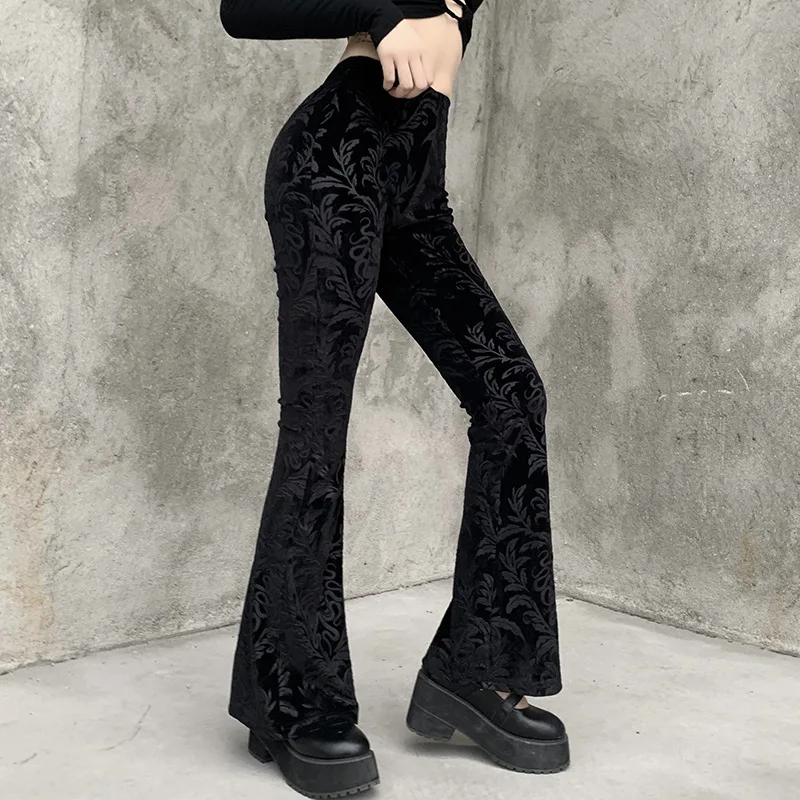 Calças de perna larga góticas escuras femininas 2024 sexy camurça preta em relevo longo magro legging goth indie grande flor impresso bottoms