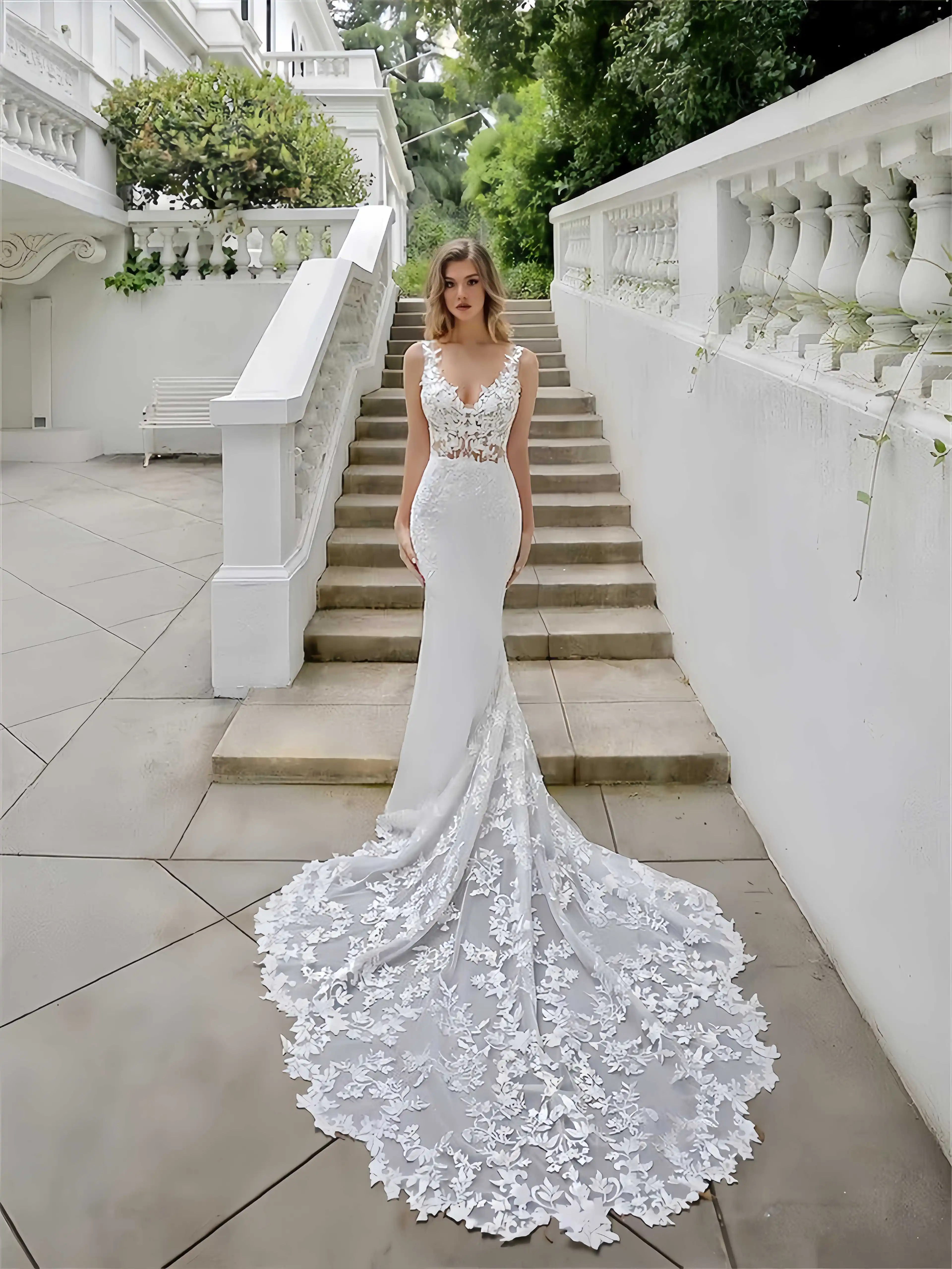 

Customized Exquisite Lace Wedding Dresses for Women with Train Appliques Backless Sexy Mermaid Bridal Dress Party Gowns