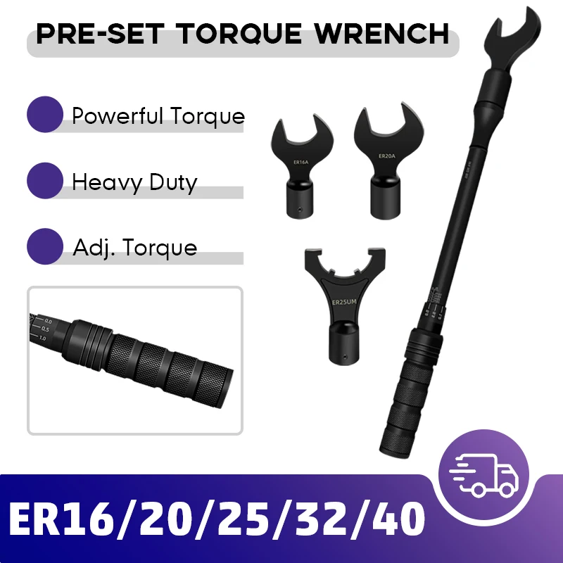 Interchangeable Head ER Torque Wrench Set - Extended Tool Holder Nut Wrench Set including ER16A ER20A ER25UM ER32UM ER40UM