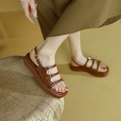 Women's New Spring/Summer Round Toe Open Toe Thick Bottom Belt Buckle Elastic Belt Leather Cowhide Middle Heel Roman Sandals