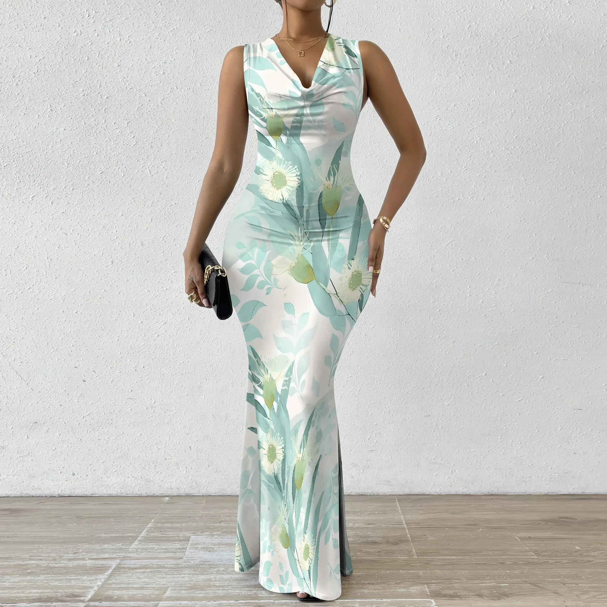 

EQQZD Stylish Sleeveless Fishtail Maxi Dress, Cowl Neckline Floral-Printed Evening Gown​ for Women, Summer Casual Dress