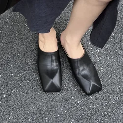 Flat Shoes Woman Slip On Cowhide Real Leather Mules Female Muller Shoes Square Toe Footwear Basic Style Handmade Ladies Flats