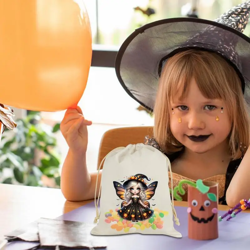 Multifuncional Halloween Party Bags, cordão de algodão, fadas impressas, doces sacos, leve, grande