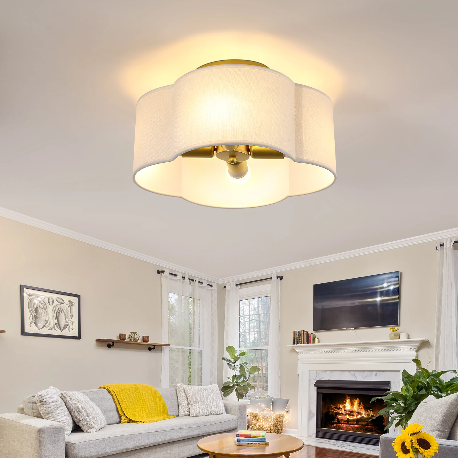 

Потолочный светильник для полузаподлицо, светильник золотого барабана с кремово-белой тканью, потолочные светильники в фермерском доме для спальни N